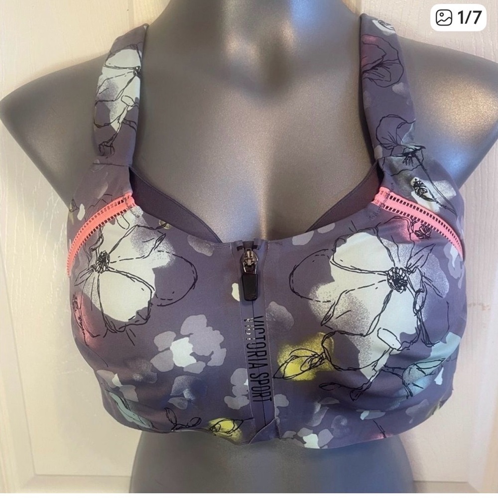 Vibrant Victor Sport Floral Sports Bra with Zipper - grey Sz 36DD